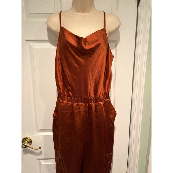 Skies Are Blue Pants - Skies Are Blue Satin Jumpsuit M Brown Cowl Neck Wide Leg Chic NWT